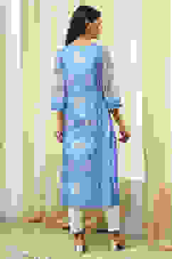 Blue and White Cotton Printed Straight Kurta image number 4