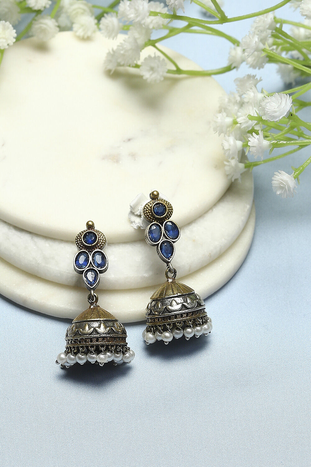 Blue Oxidised Stone Studded Jhumkas image number 0
