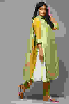 Lime Green Cotton Blend Layered Kurta Churidar Suit Set image number 8