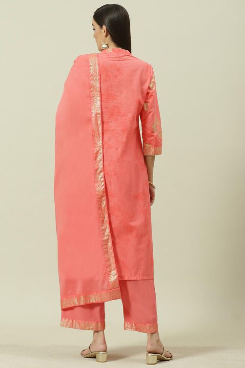 Peach Printed Cotton Straight Kurta Palazzo Suit Set image number 4