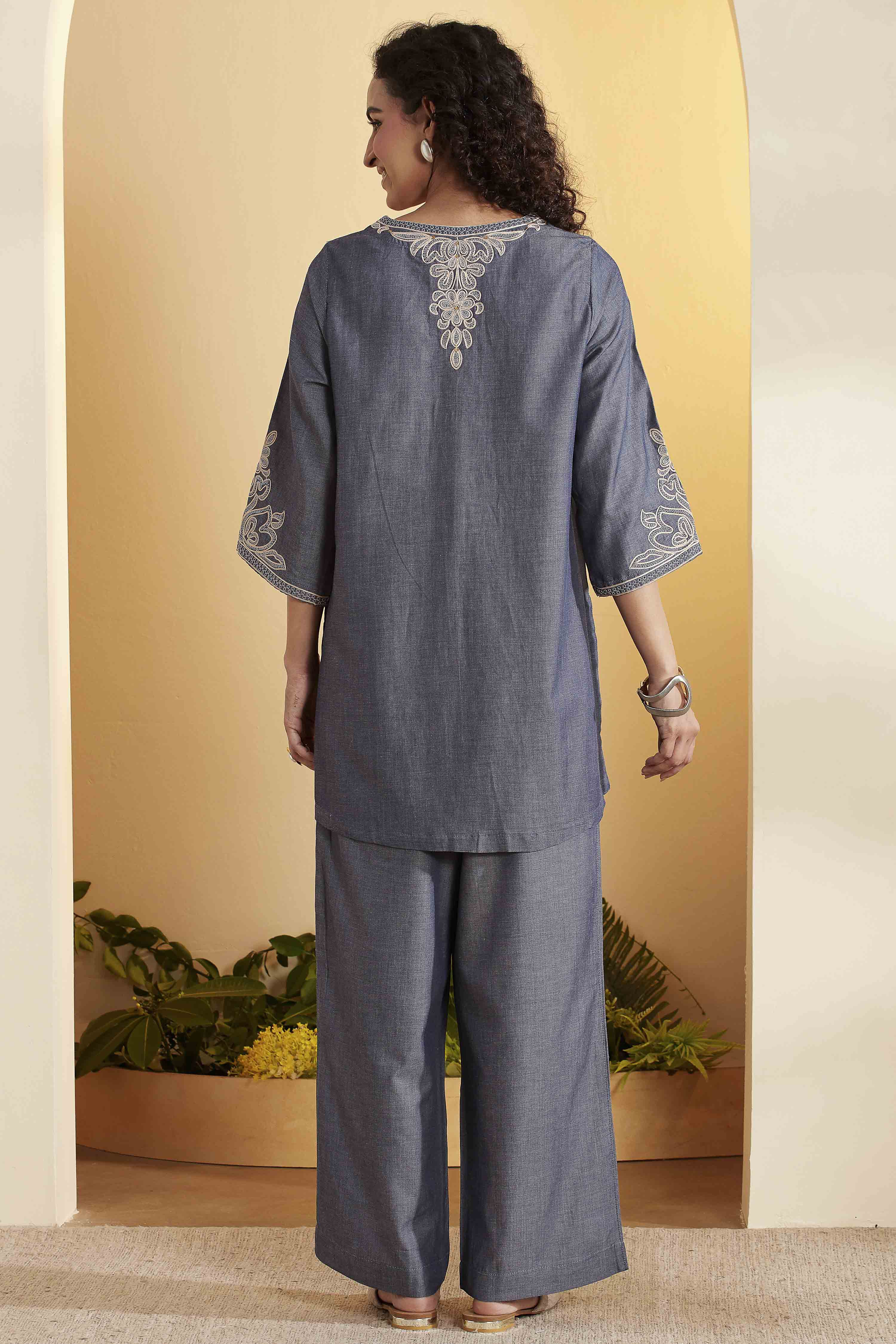 Blue Tencel Straight Suit Set image number 5