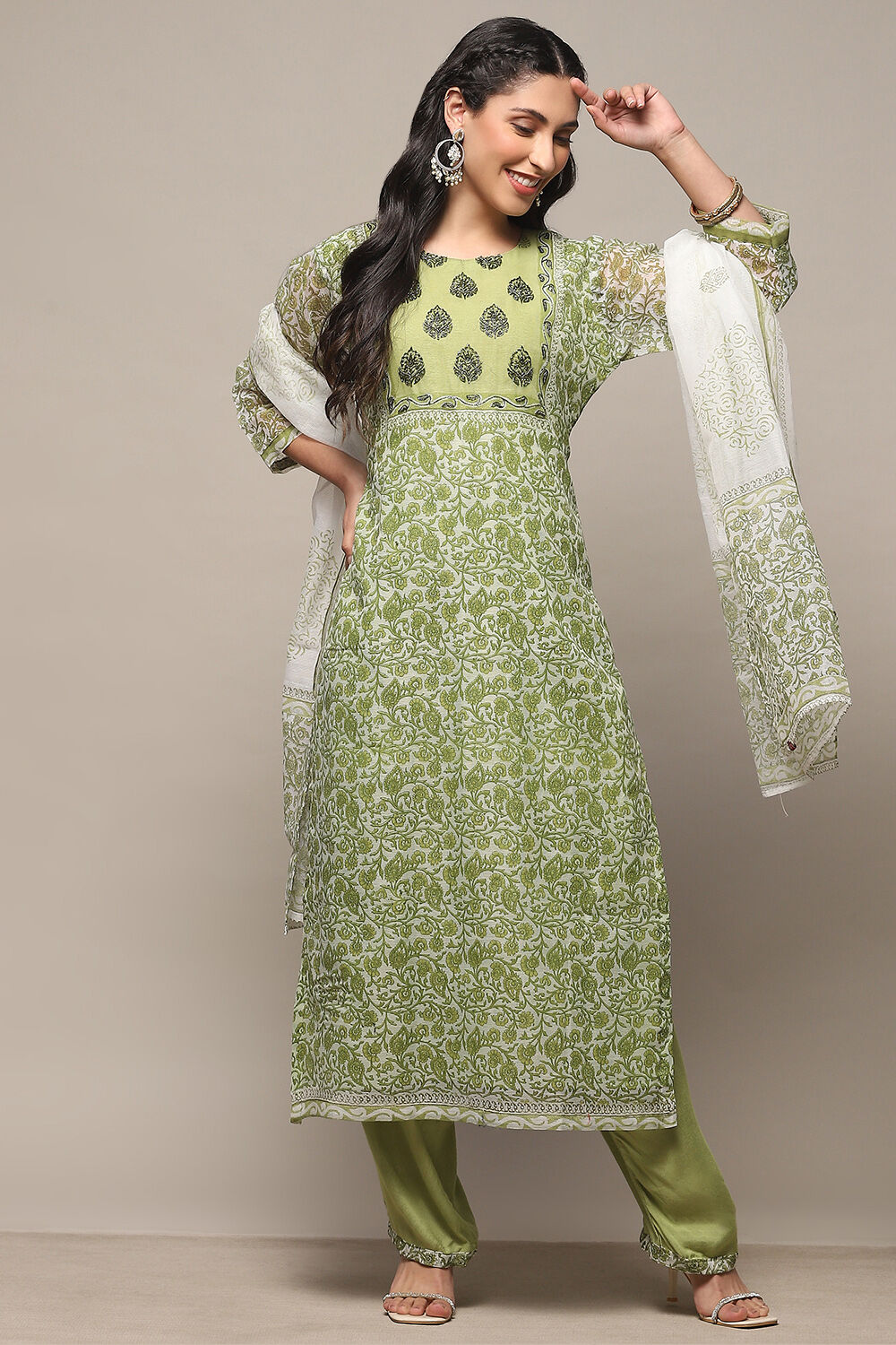 Olive Polyester Unstitched Suit set image number 1