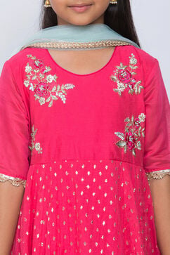 Pink Art Silk Asymmetric Kurta Churidar Suit Set image number 1