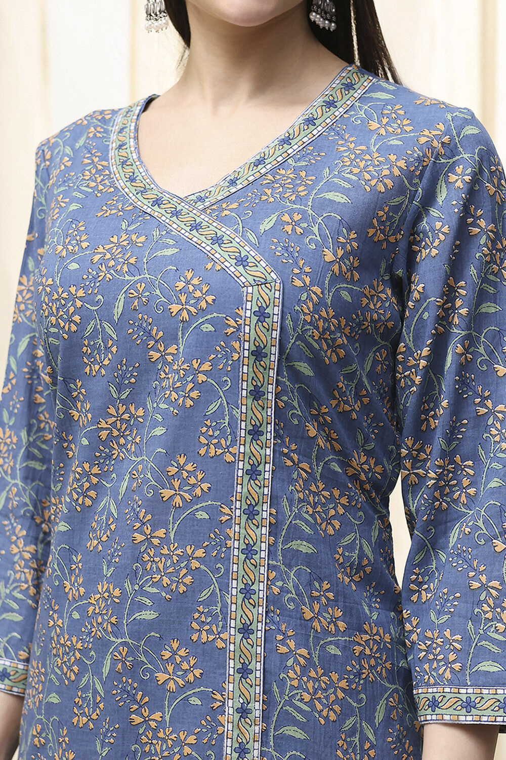 Turquoise Cotton Screen Print Unstitched Suit Set image number 2