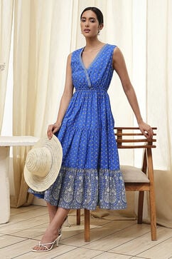 Blue Cotton Printed Tiered Dress image number 0