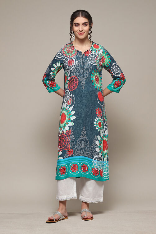 Chalky Teal LIVA Straight Printed Kurta image number 5