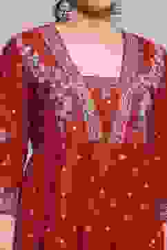 Red Cotton Anarkali Printed Suit Set image number 1