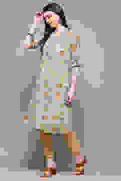 Yellow Teal Polyester Straight Kurta image number 2