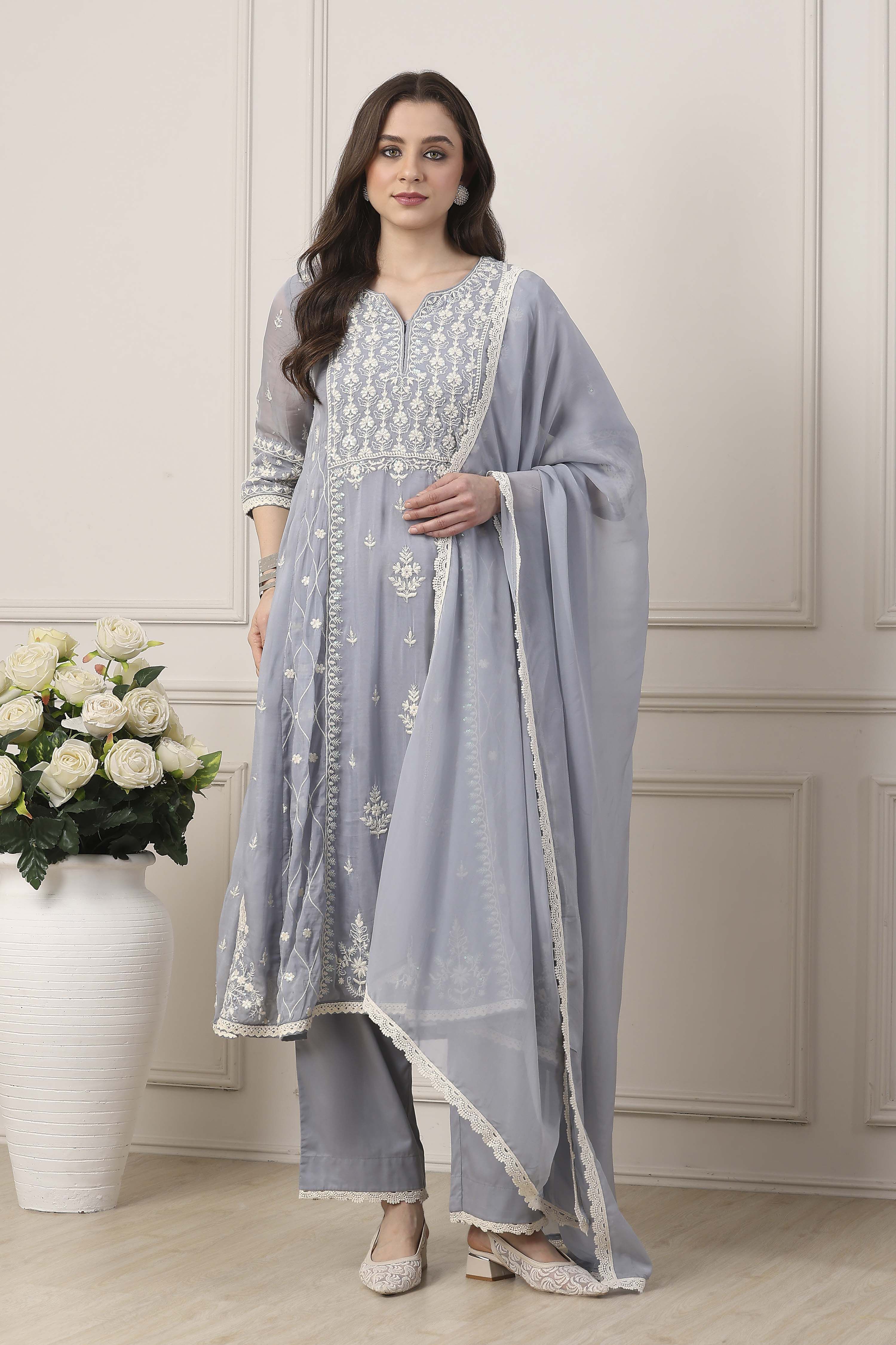 Blue Viscose Organza Floral Embroidered Kalidar Suit Set image number 6