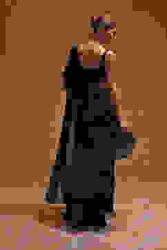 Navy Blue Poly Satin Embroidered Pre-Draped Saree image number 3