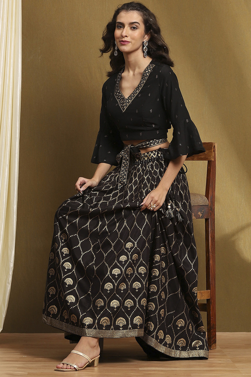 Black Shantoon Block Printed Festive Skirt image number 0