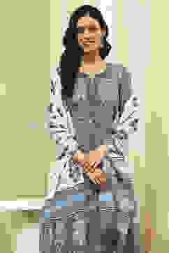 Grey Cotton Screen Print Unstitched Suit Set image number 8