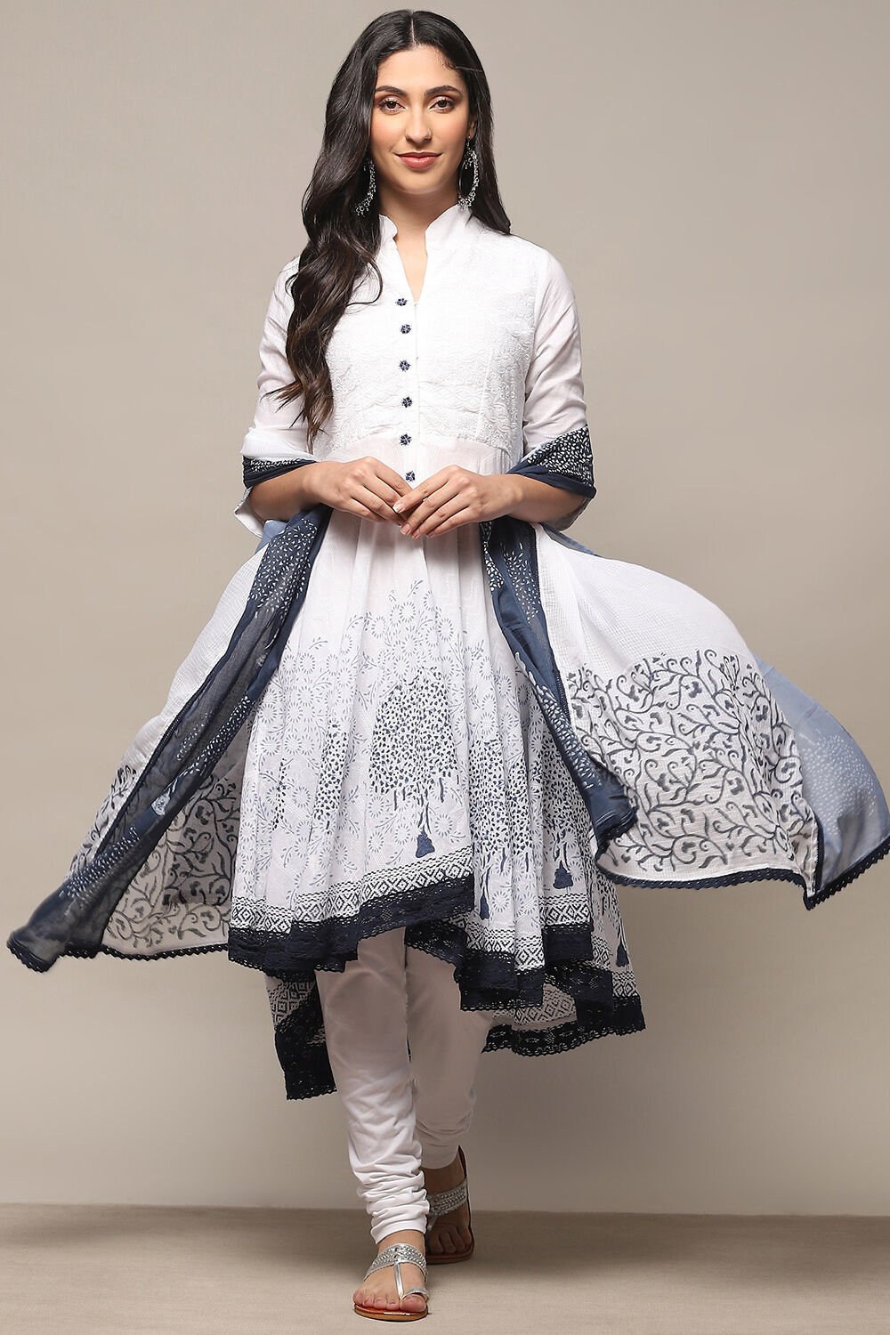 White Blue Cotton Asymmetric Suit Set