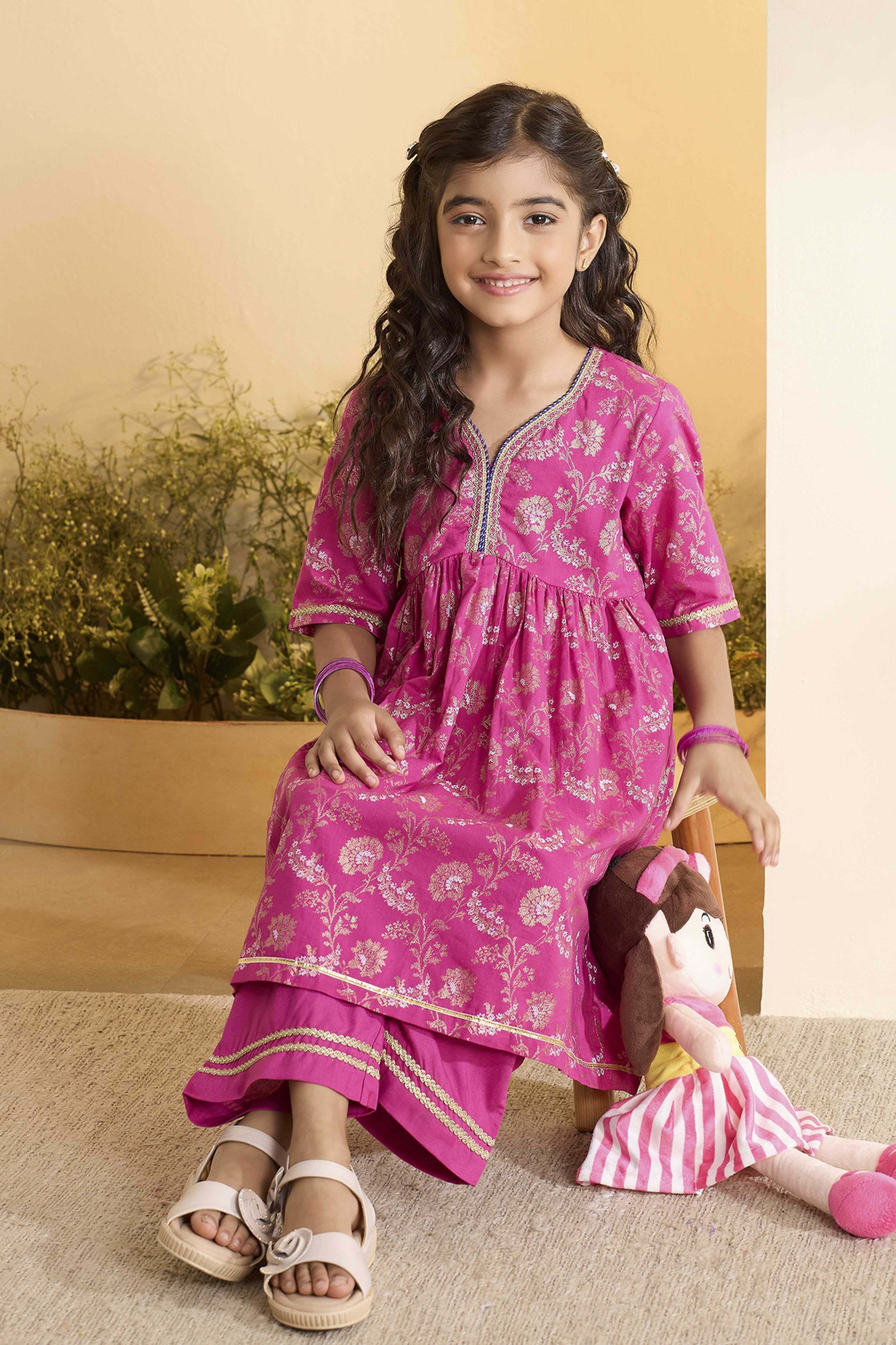 Pink Cotton Floral Printed Flared Kurta Set image number 0