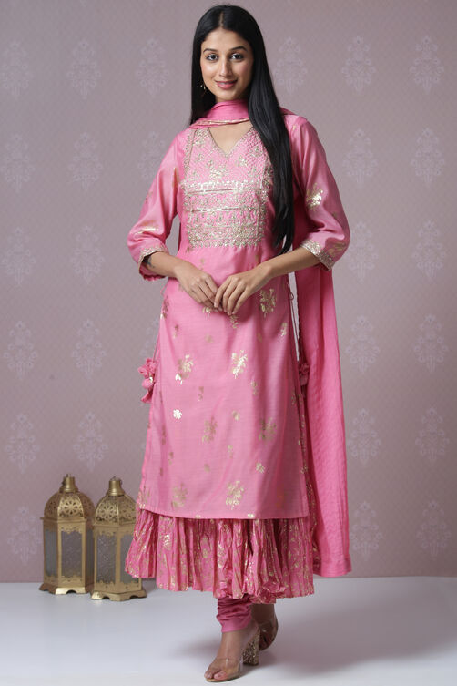 Pink Art Silk Double Layered Kurta Churidar Suit Set image number 8