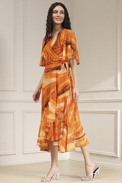 Mustard Yellow Printed Flared Dress image number 2