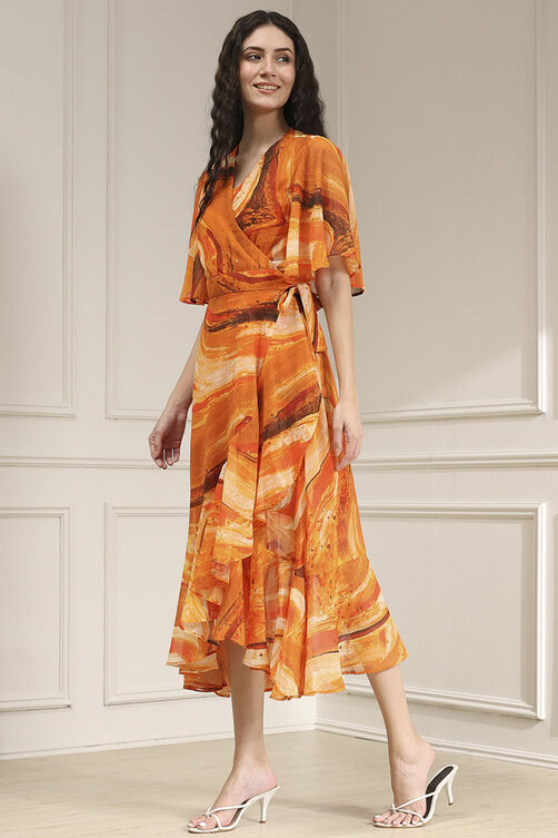 Mustard Yellow Printed Flared Dress image number 2