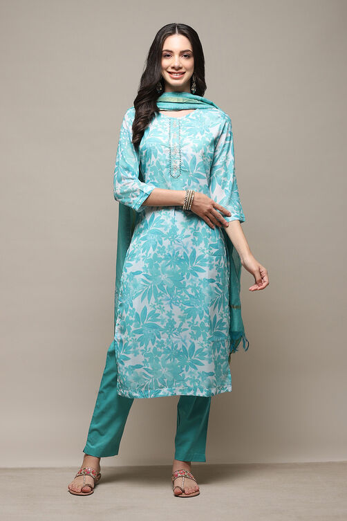 Teal Blue Silk Blend Printed Unstitched Suit Set image number 8