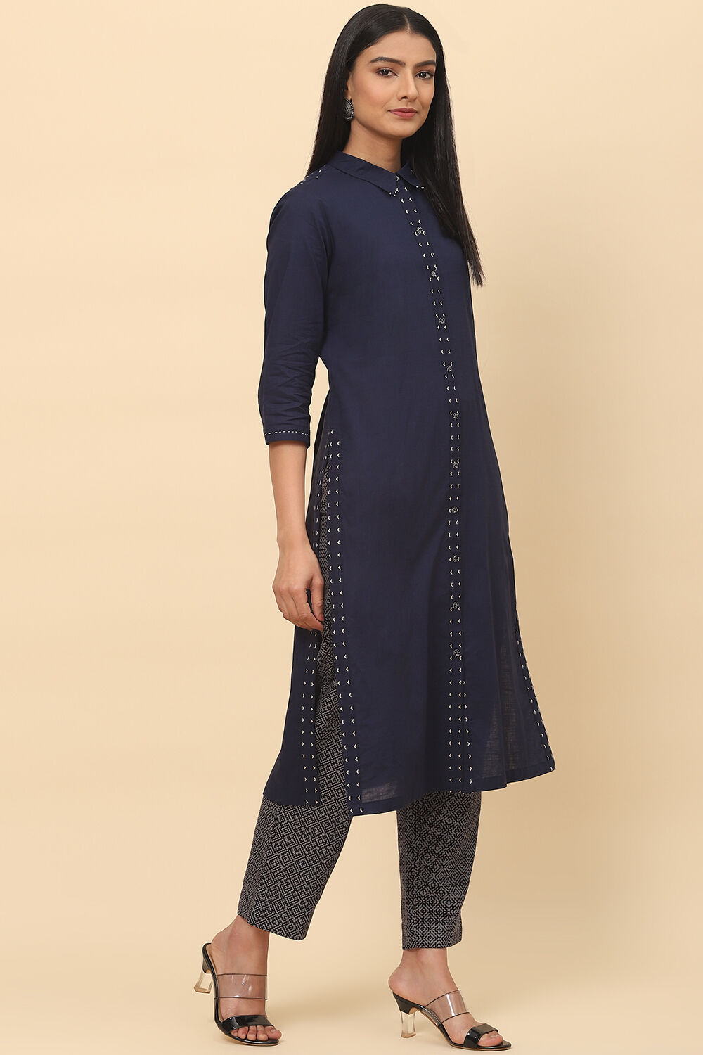 Navy Cotton Straight Fusion Yarndyed Kurta Set image number 5