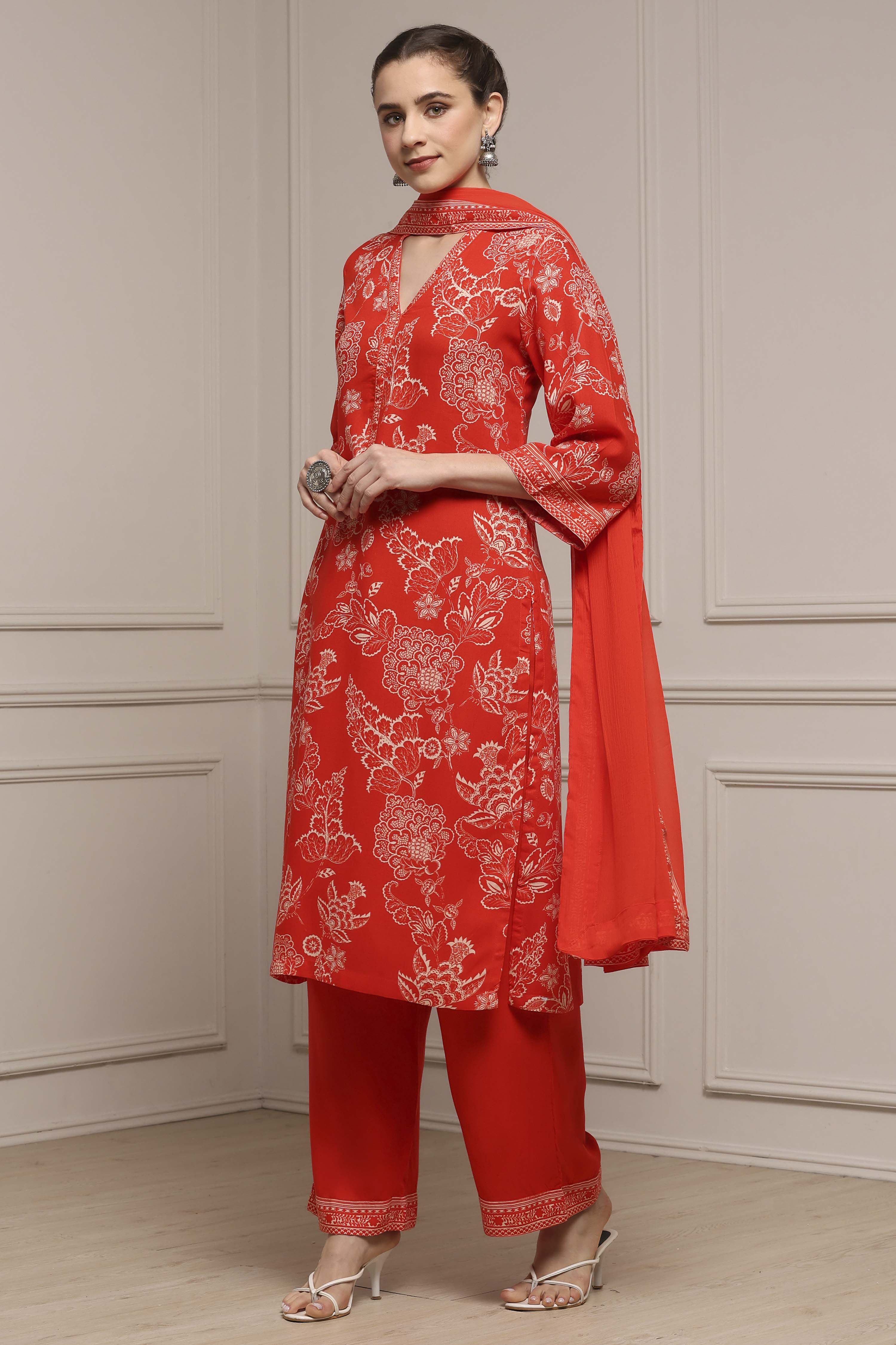 Red Floral Printed Straight Suit Set image number 3