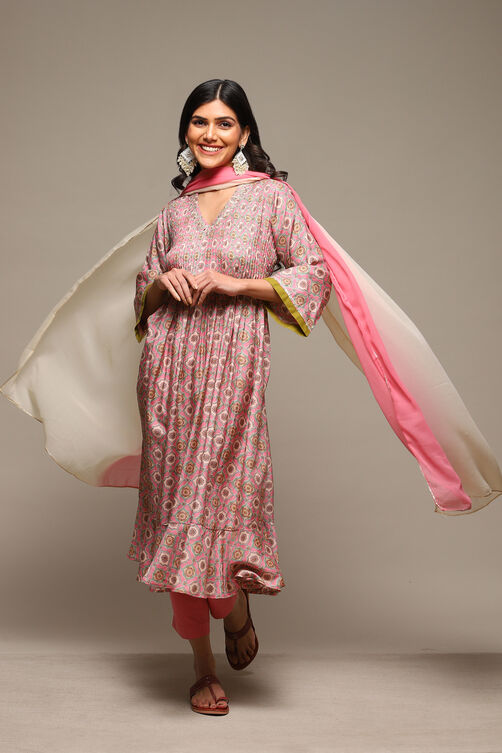 Pink Viscose Gathered Kurta Pants Suit Set image number 0