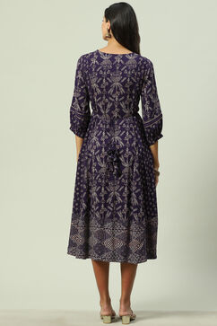 Purple Rayon Flared Printed Kurta Dress image number 3