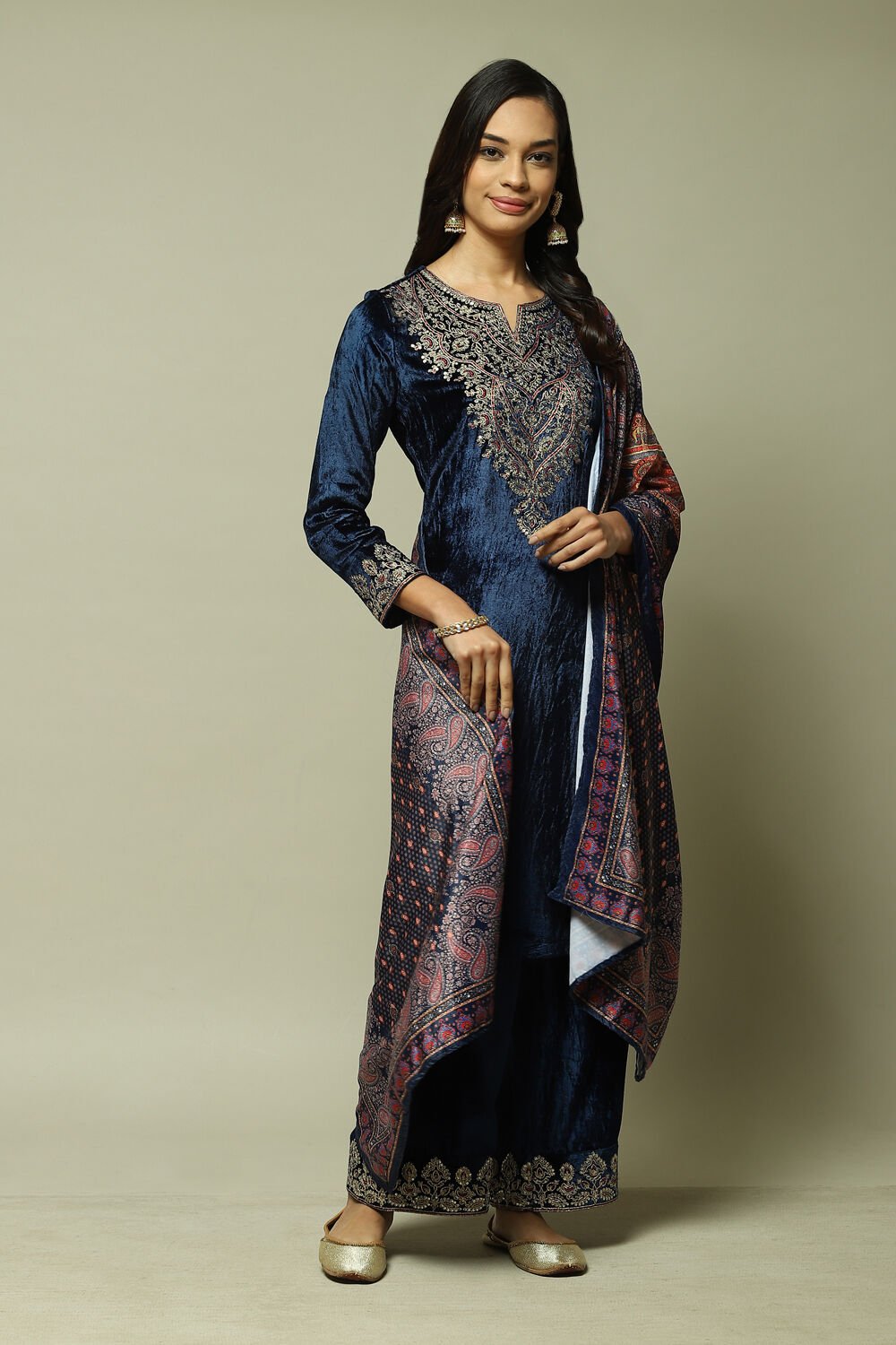 Navy Blue Viscose Straight Kurta Palazzo Suit Set