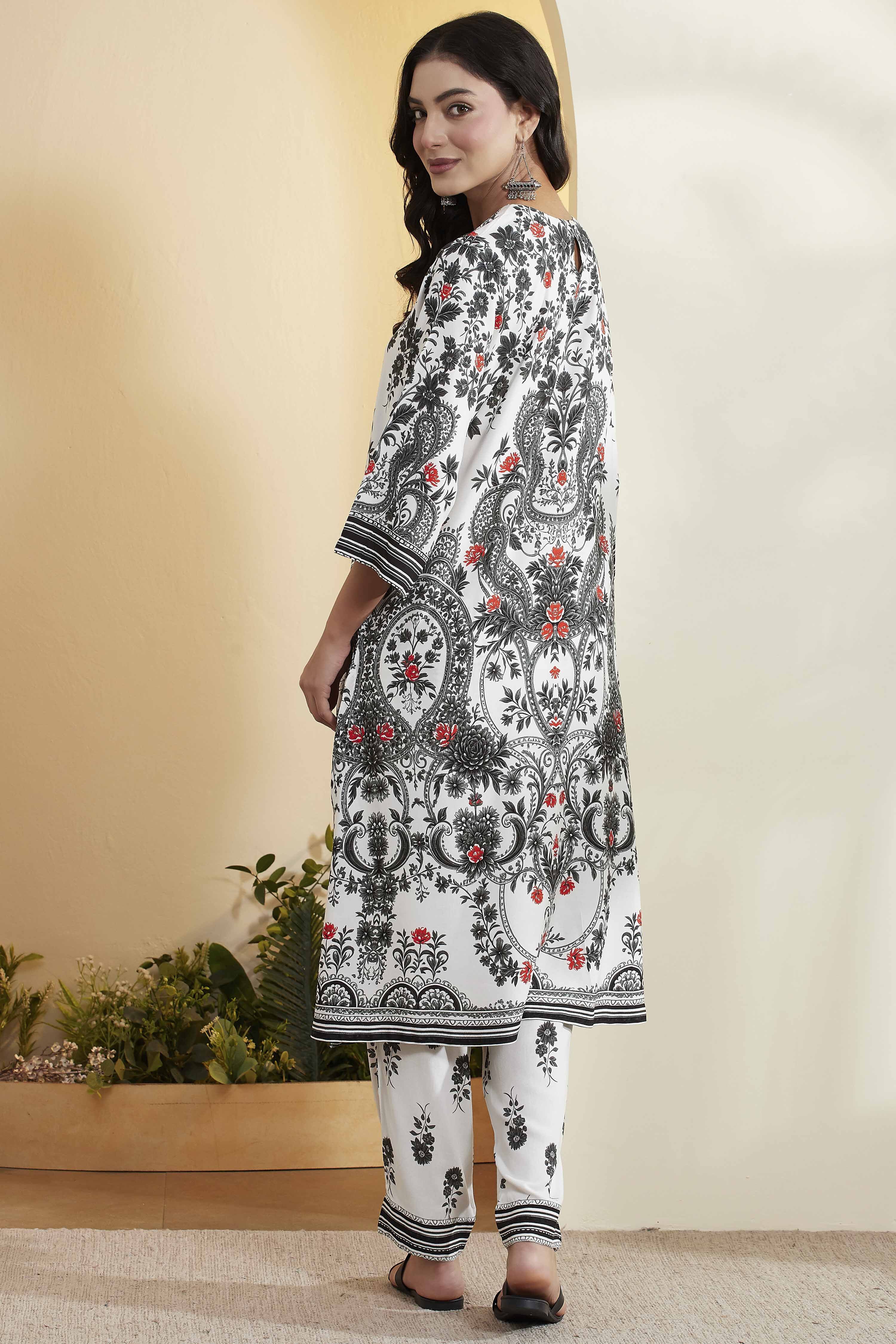 Black & White Viscose Rayon Floral Straight Kurta Set image number 6