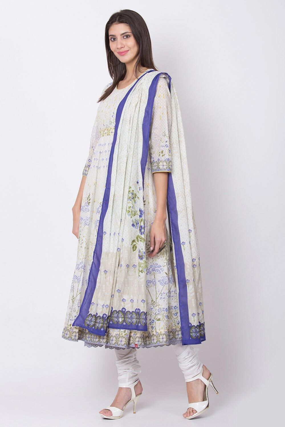 Off White Straight Kurta Churidar Suit Set image number 2