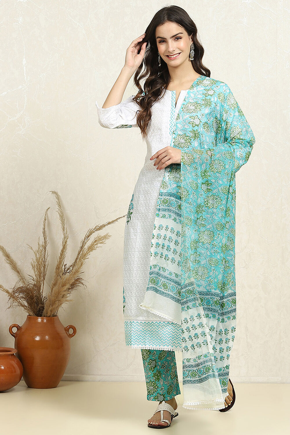 White and Pink Cotton Floral Hand Block Unstitched Suit Set image number 1