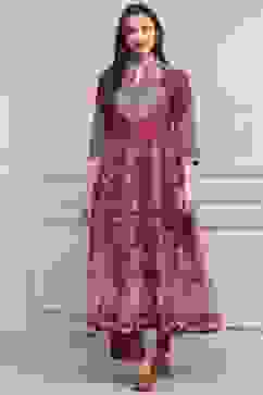 Magenta Cotton Kalidar Printed Kurta Pants Set image number 0