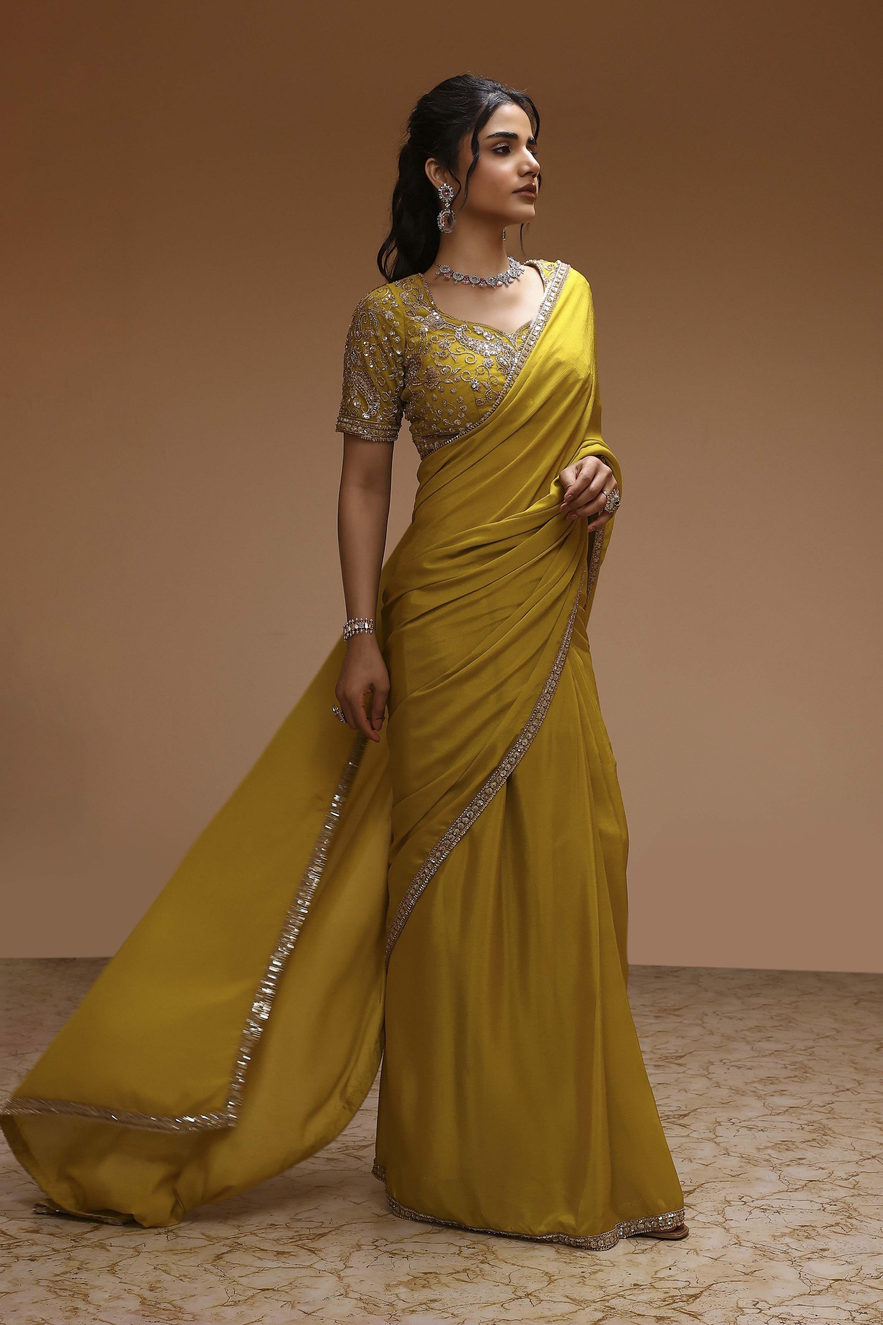 Lime Yellow Poly Chinnon Embroidered Pre-Draped Saree image number 4
