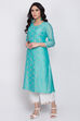 Aqua Poly Cotton A-Line Embroidered Kurta image number 4