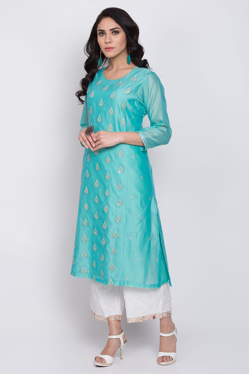 Aqua Poly Cotton A-Line Embroidered Kurta image number 4