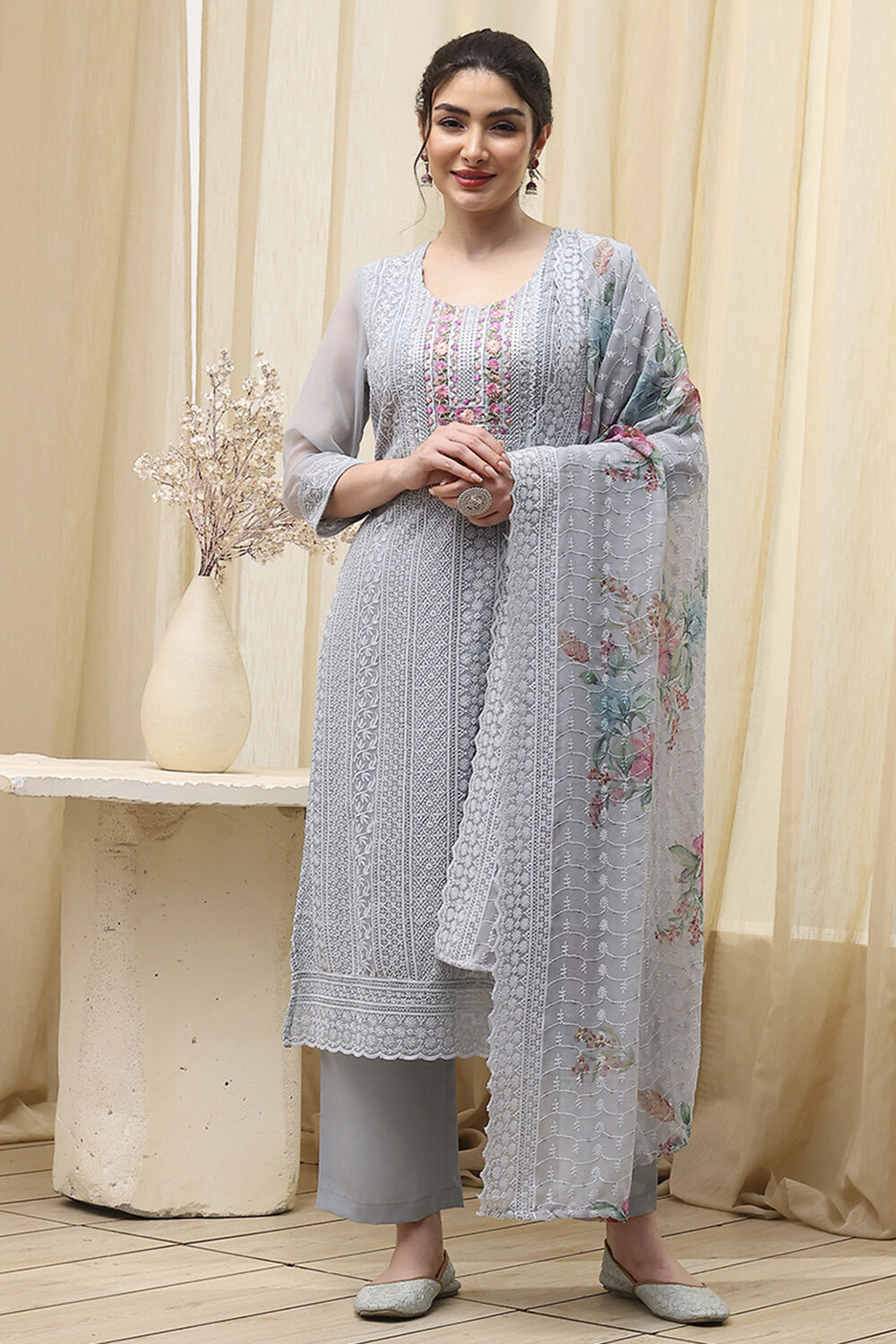 Pink Georgette Schiffly Unstitched Suit Set image number 7