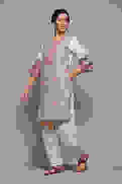 Off White Cotton Blend Straight Yarndyed 2 Piece Set image number 2