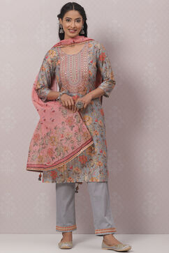 Grey Cotton Straight Kurta Pant Suit Set image number 0