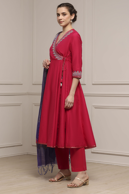Fuchsia Embroidered Angrakha Festive Anarkali Suit Set image number 3