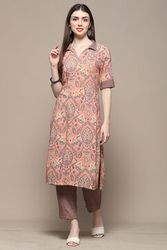 Peach Grey Rayon Straight Kurta Set image number 6