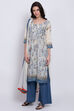 Cream And Indigo Art Silk Straight Kurta Flared Palazzo Suit Set image number 3