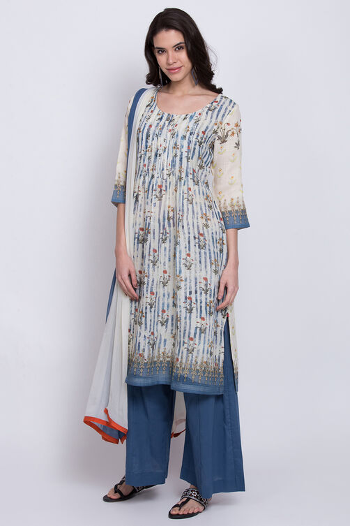 Cream And Indigo Art Silk Straight Kurta Flared Palazzo Suit Set image number 3
