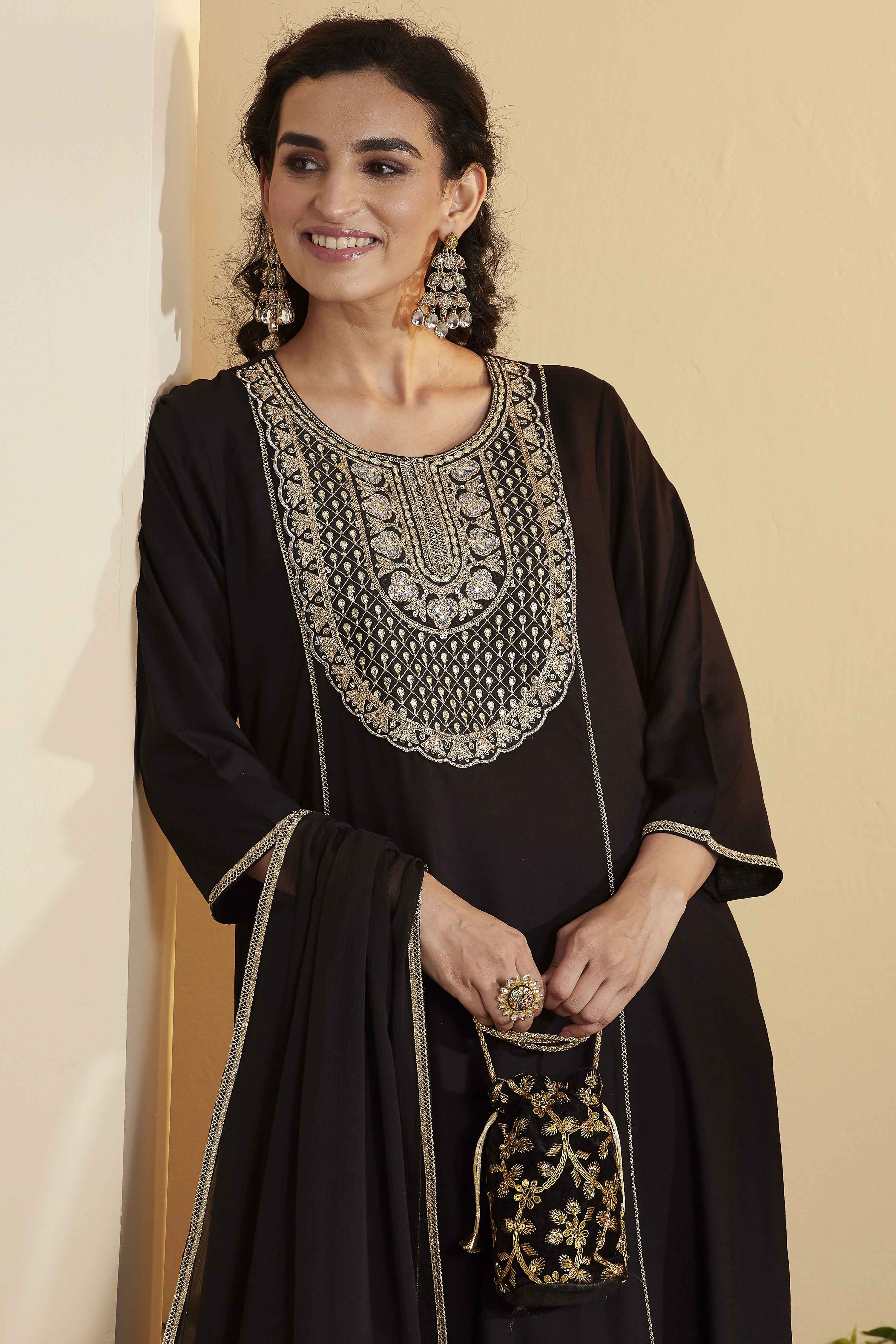 Black Viscose Rayon Solid Suit Set image number 1