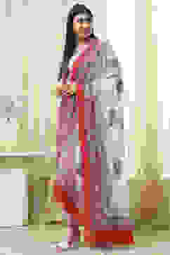 Pink Cotton Screen Print Unstitched Suit Set image number 4