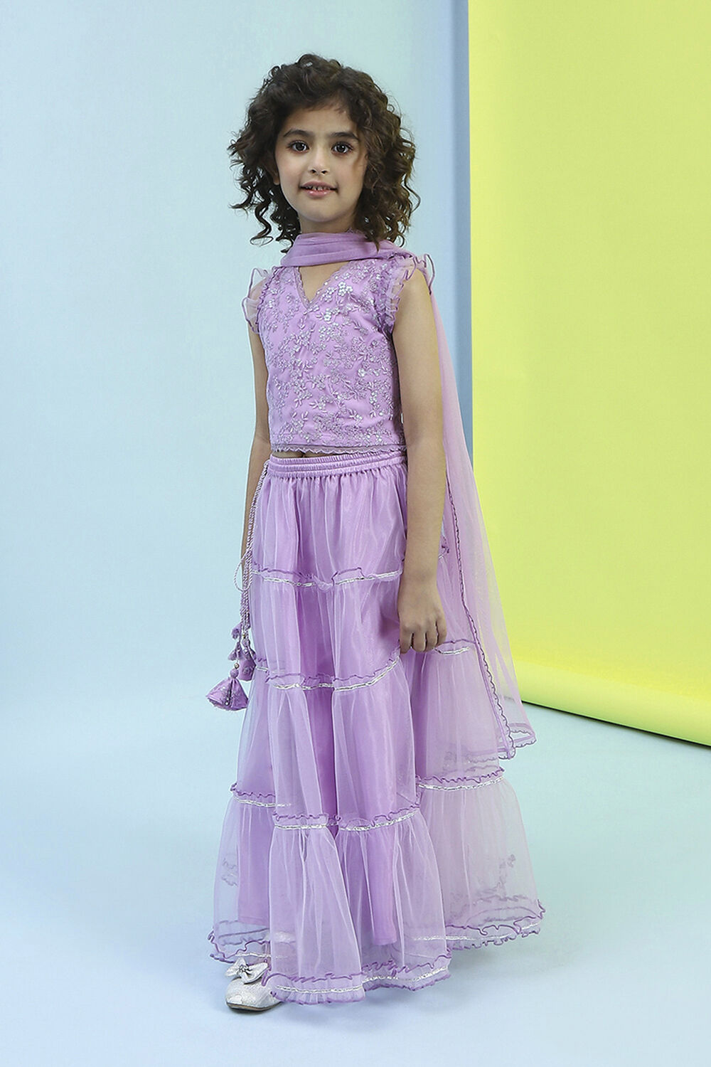 Lilac Embroidered Flared Lehenga Set image number 3