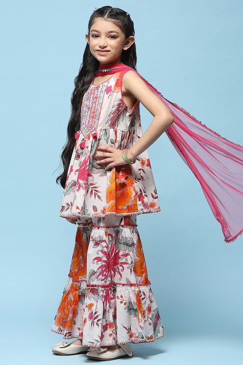 Off White Peplum Kurta With Sharara & Net Dupatta. image number 4