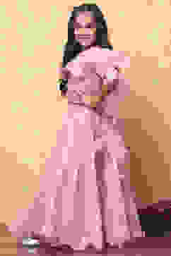 Pink Poly Chanderi Floral Mirror Work Festive Lehenga Set image number 3