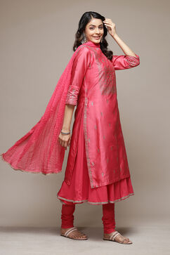 Coral Cotton Blend Layered Kurta Churidar Suit Set image number 7