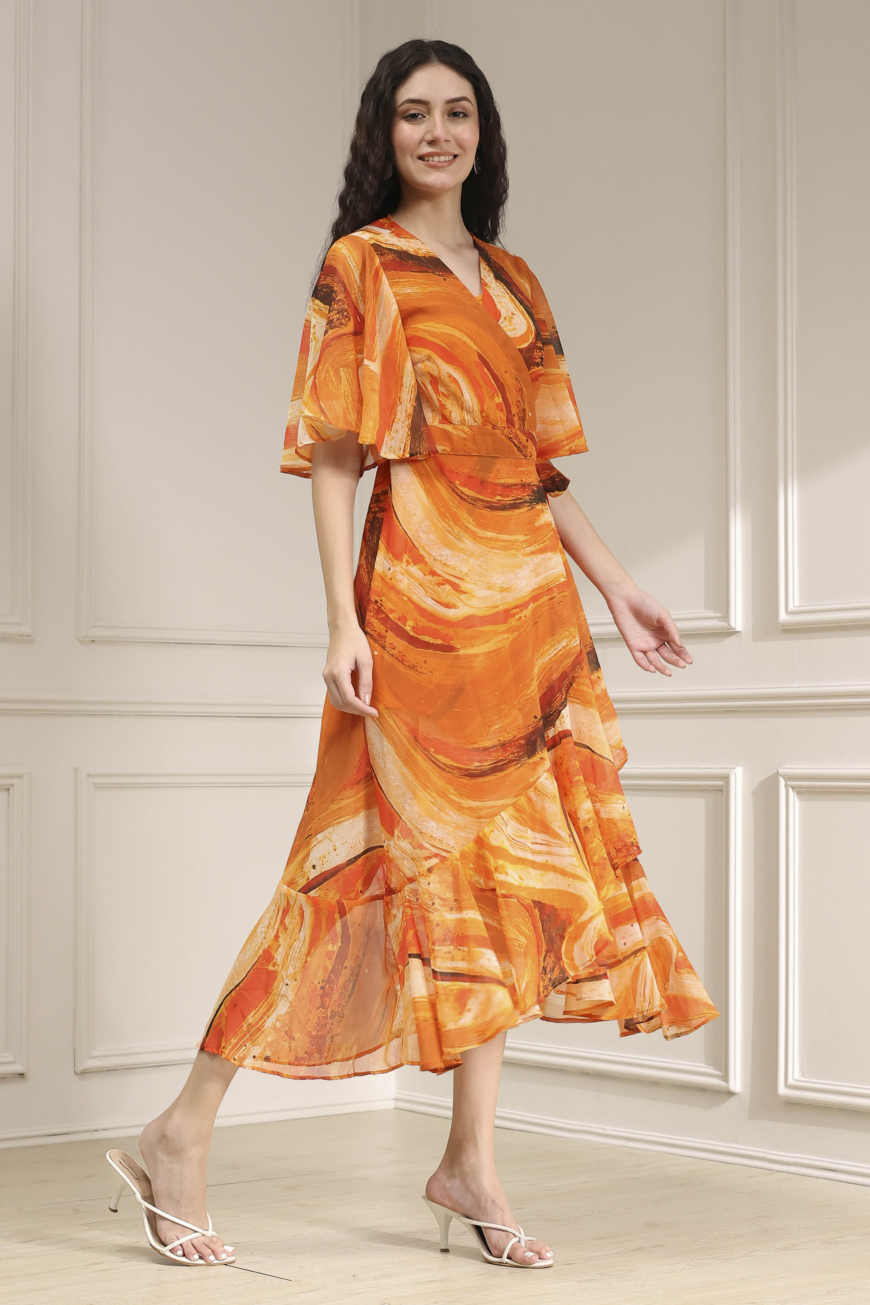 Mustard Yellow Printed Flared Dress image number 4