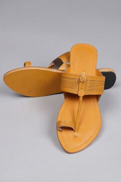 Mustard Yellow Leather Kolhapuri Sandals image number 3
