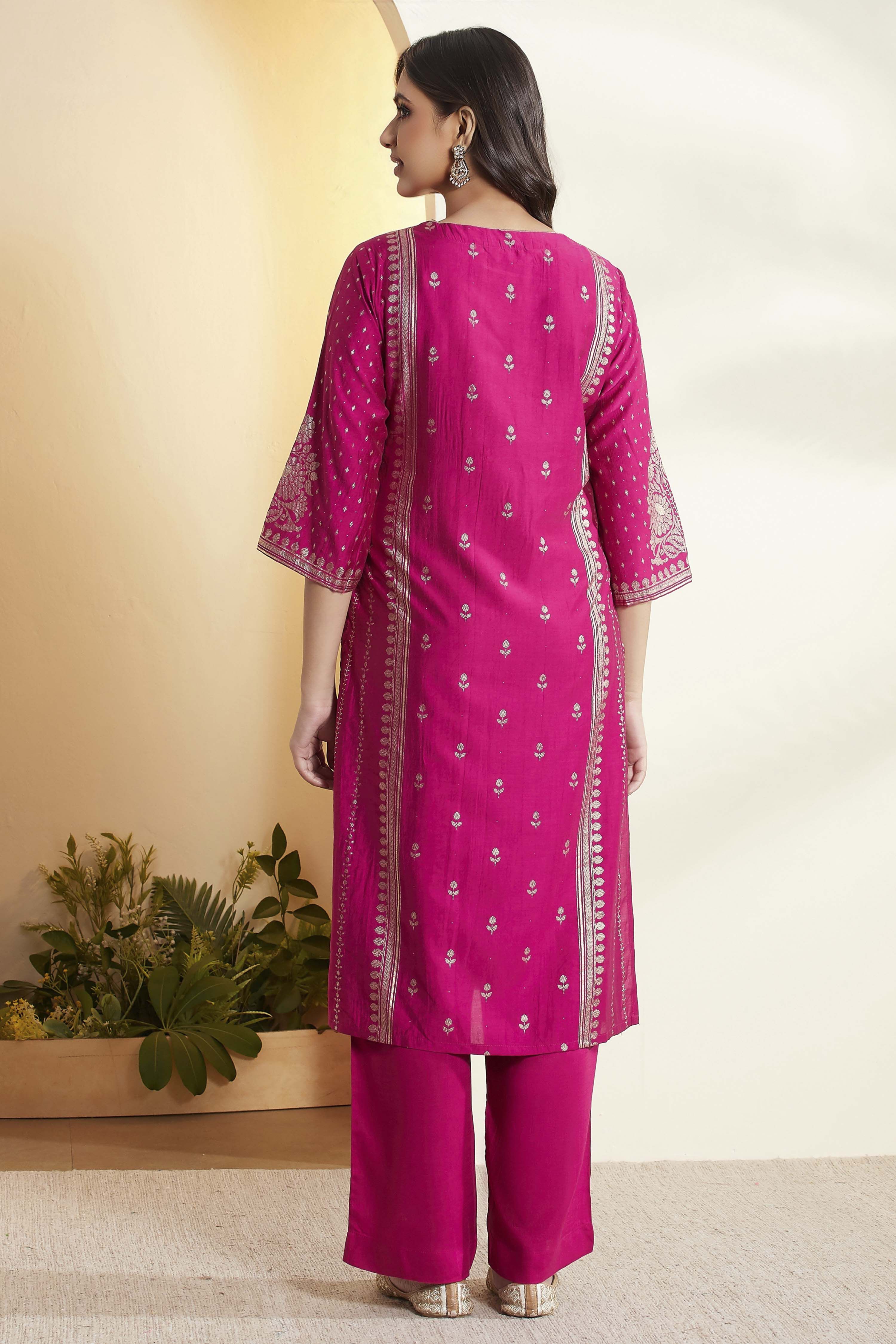 Magenta Pink Viscose Blend Straight Suit Set image number 6